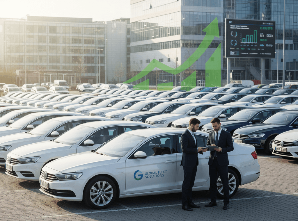 Dwóch mężczyzn w garniturach, przedstawicieli firmy, stoi na parkingu pełnym nowych, białych samochodów flotowych przed nowoczesnym biurowcem. Jeden z nich prezentuje drugiemu dane na tablecie. W tle widoczny jest duży, cyfrowy billboard z wykresami wzrostu, symbolizujący optymalizację kosztów i efektywność zarządzania flotą. Zielona strzałka wzrostu graficznie podkreśla korzyści finansowe. Na jednym z samochodów widoczne logo "Global Fleet Solutions", co dodatkowo kontekstuje scenę jako zarządzanie i ubezpieczanie flot pojazdów firmowych. Obrazek ilustruje profesjonalne doradztwo w zakresie ubezpieczeń i zarządzania flotą.