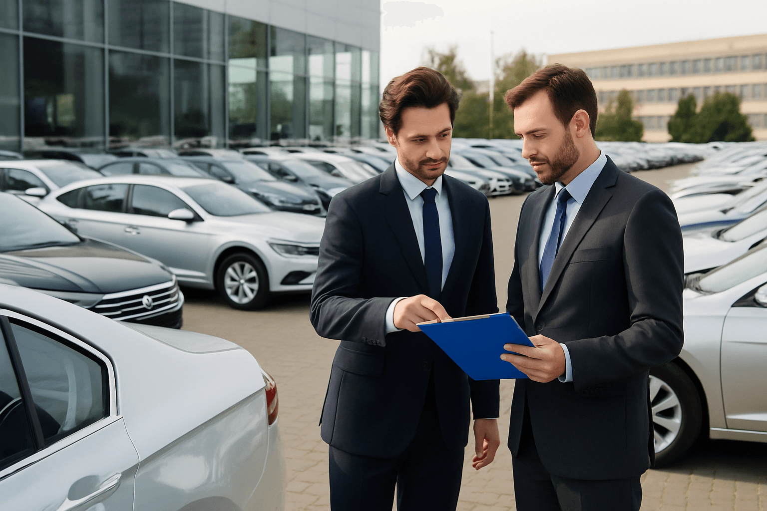 Dwóch menedżerów flot samochodowych analizuje dokumenty na tle parkingu z flotą pojazdów firmowych – profesjonalna scena biznesowa